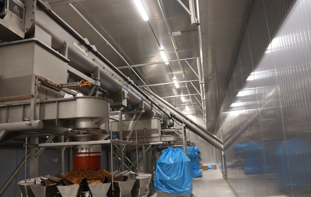 Een productiehallen waar gebakkenuitjes worden getransporteerd naar de verpakkingsafdeling het transport van de gebakken uitjes gaat via één trogschroef 